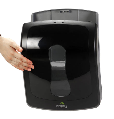 Dolphy black paper towel dispenser front cover being closed onto its back plate
