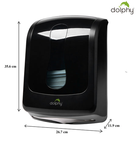 Dolphy black multifold towel dispenser dimensions: 35.6 cm high, 26.7 cm wide, 11.9 cm deep