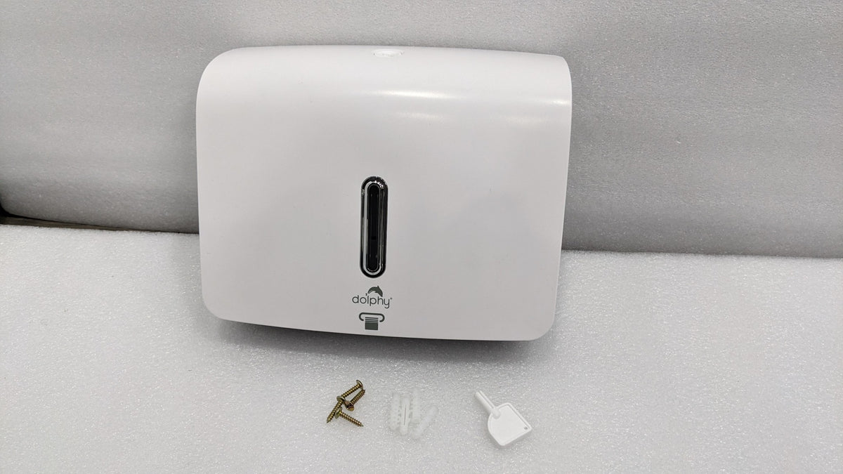 Dolphy white plaza towel dispenser with its key, screws and wall plugs