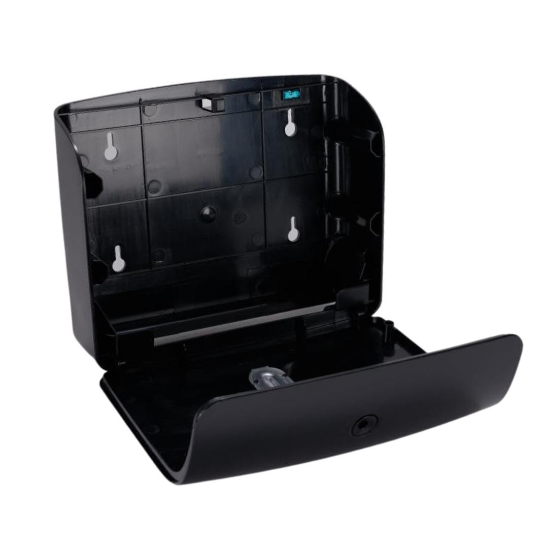 Dolphy black ultraslim paper towel dispenser opened, showing the wall-mount back plate