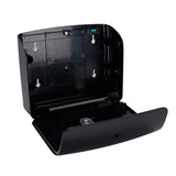 Dolphy black ultraslim paper towel dispenser opened, showing the wall-mount back plate