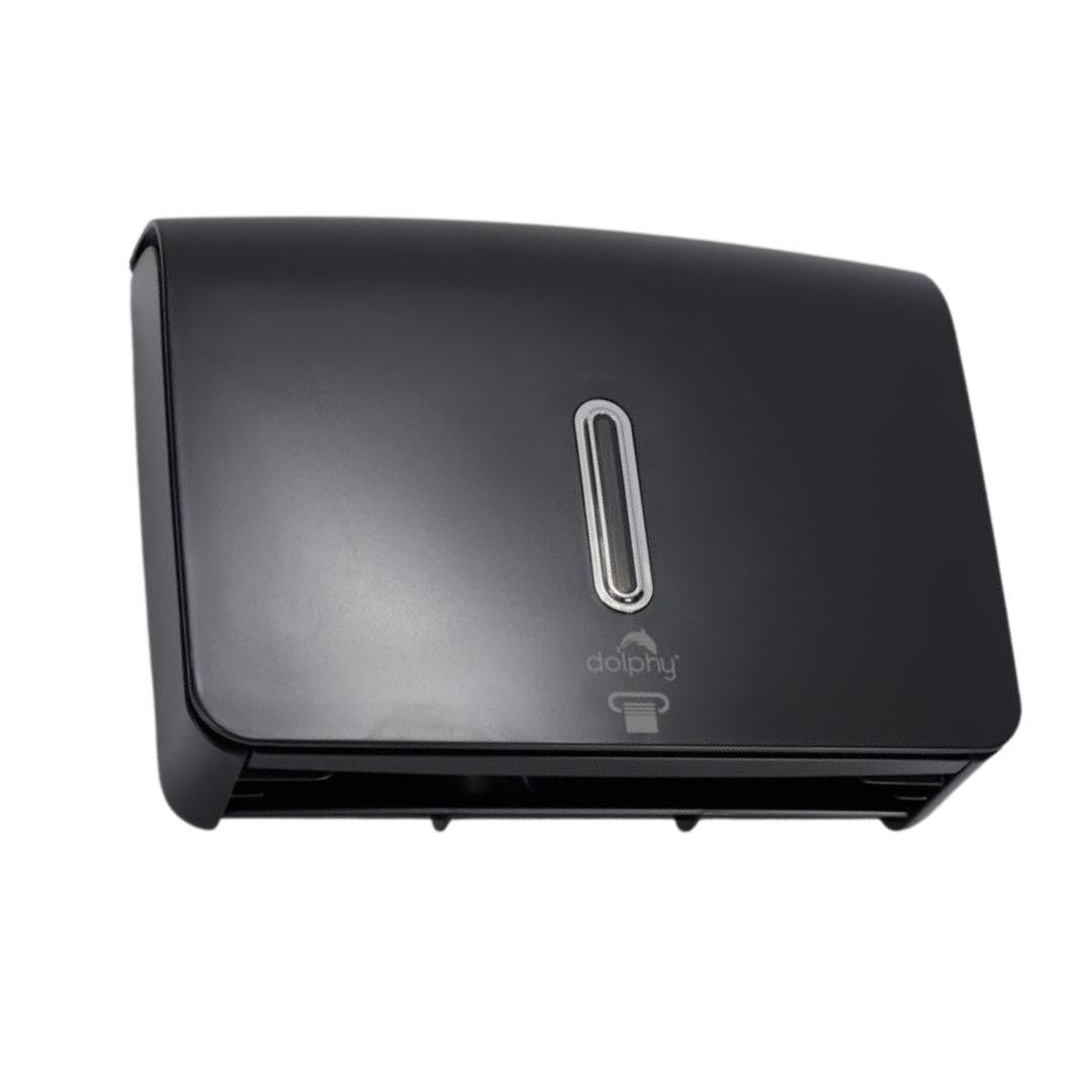 Dolphy black ultraslim paper towel dispenser from below, showing the towel outlet
