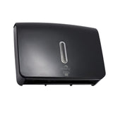 Dolphy black ultraslim paper towel dispenser from below, showing the towel outlet
