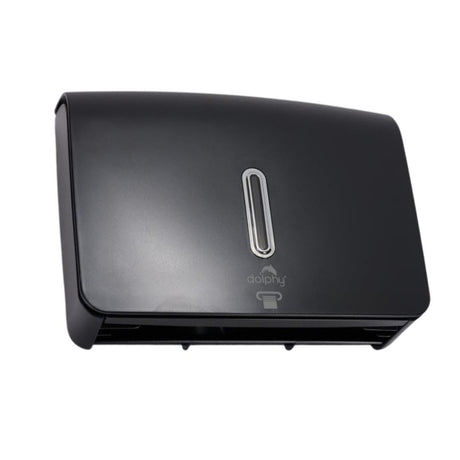 Dolphy black ultraslim paper towel dispenser from below, showing the towel outlet