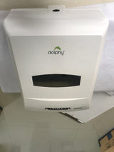 Dolphy white auto-cut paper towel dispenser, front view with the PULL panel
