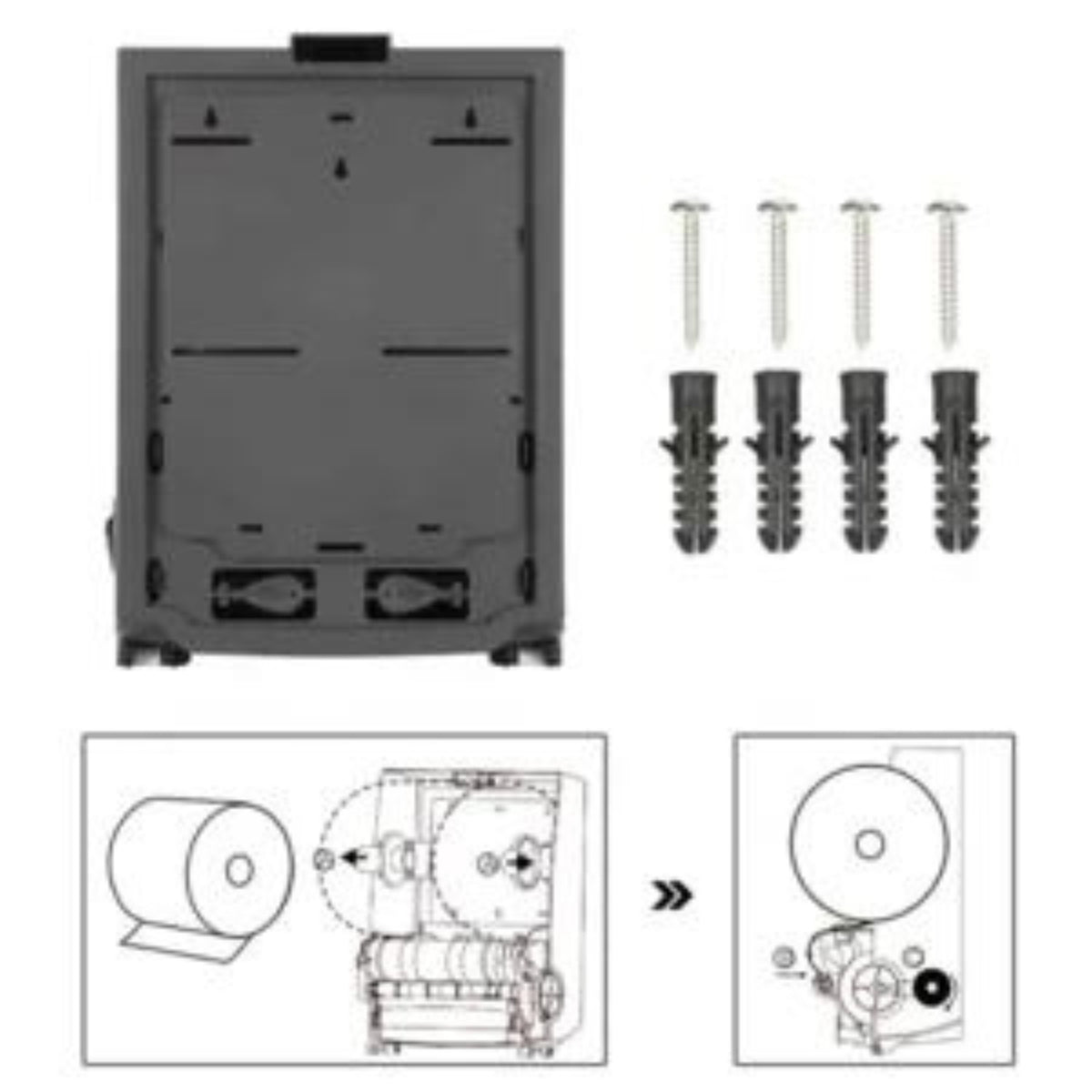 Dolphy auto-cut dispenser back plate, fixings and roll-loading diagram