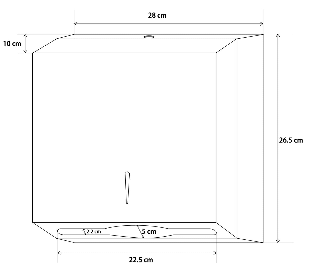 Dolphy stainless steel towel dispenser dimensions: 28 cm wide, 26.5 cm high, 10 cm deep, 22.5 cm outlet