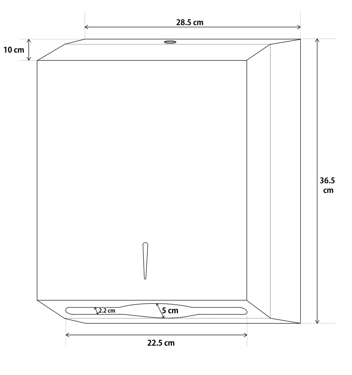 Dolphy stainless steel towel dispenser diagram: 36.5 cm high, 28.5 cm wide, 10 cm deep, 22.5 cm outlet