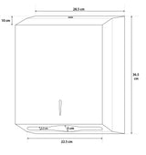 Dolphy stainless steel towel dispenser diagram: 36.5 cm high, 28.5 cm wide, 10 cm deep, 22.5 cm outlet