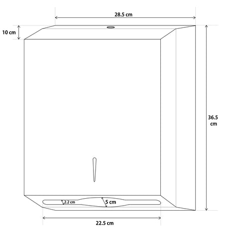 Dolphy stainless steel towel dispenser diagram: 36.5 cm high, 28.5 cm wide, 10 cm deep, 22.5 cm outlet
