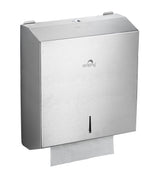 Dolphy stainless steel paper towel dispenser, angled view with top lock and towels at the outlet