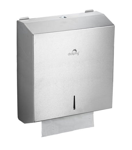 Dolphy stainless steel paper towel dispenser, angled view with top lock and towels at the outlet