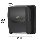 Dolphy touch-free auto-cut towel dispenser dimensions: 34 cm wide, 38.4 cm high, 22 cm deep