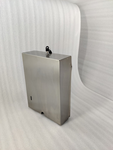 Dolphy stainless steel slimline towel dispenser with top key lock, angled view