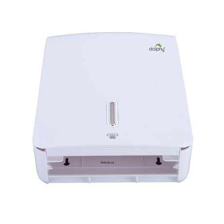 Dolphy white plaza towel dispenser from below, showing the towel outlet