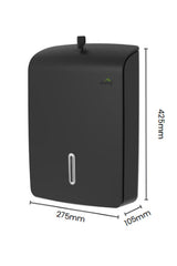Dolphy black ultraslim paper towel dispenser dimensions: 425 mm high, 275 mm wide, 105 mm deep