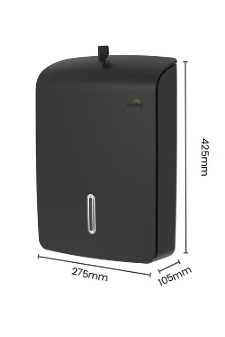 Dolphy black ultraslim paper towel dispenser dimensions: 425 mm high, 275 mm wide, 105 mm deep