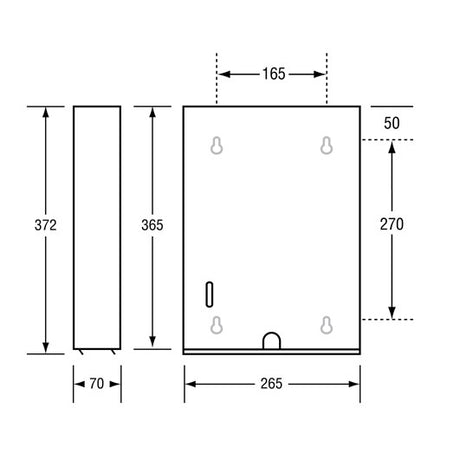 Dolphy lockable towel dispenser drawing: 372 mm high, 265 mm wide, 70 mm deep