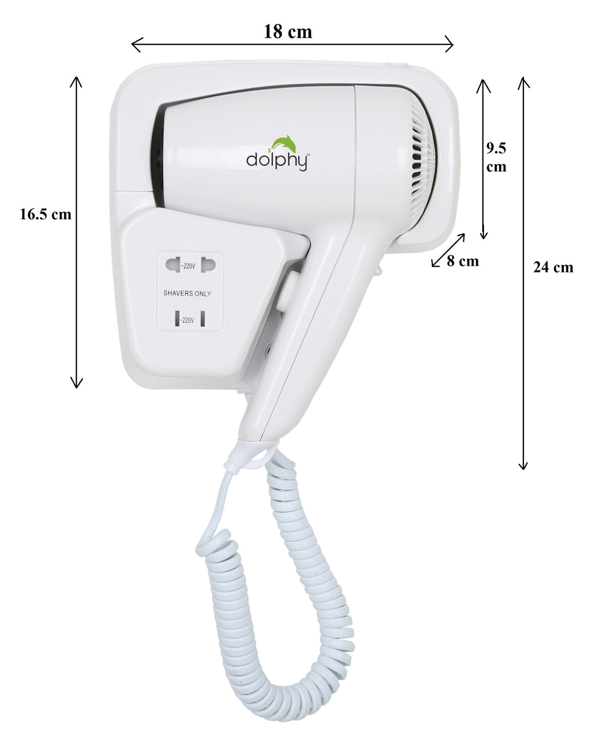 Dolphy 1200W wall-mounted hair dryer dimensions: 18 cm wide, 16.5 cm holder height, 24 cm overall, 8 cm deep