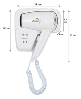 Dolphy 1200W wall-mounted hair dryer dimensions: 18 cm wide, 16.5 cm holder height, 24 cm overall, 8 cm deep