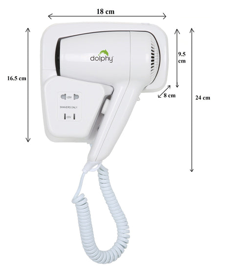 Dolphy 1200W wall-mounted hair dryer dimensions: 18 cm wide, 16.5 cm holder height, 24 cm overall, 8 cm deep