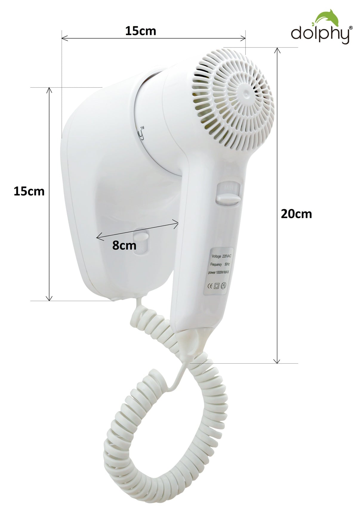 Dolphy wall-mounted hair dryer dimensions: 20 cm high, 15 cm wide, 8 cm deep