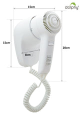 Dolphy wall-mounted hair dryer dimensions: 20 cm high, 15 cm wide, 8 cm deep