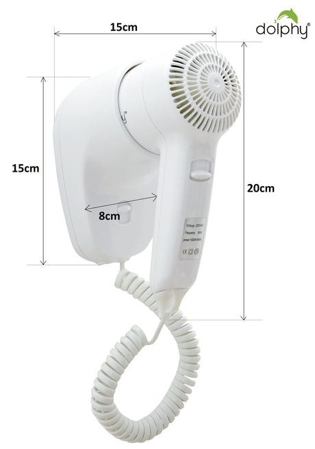 Dolphy wall-mounted hair dryer dimensions: 20 cm high, 15 cm wide, 8 cm deep