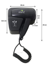 Dolphy black wall-mounted hair dryer dimensions: 18 cm wide, 24 cm high overall, 8 cm deep