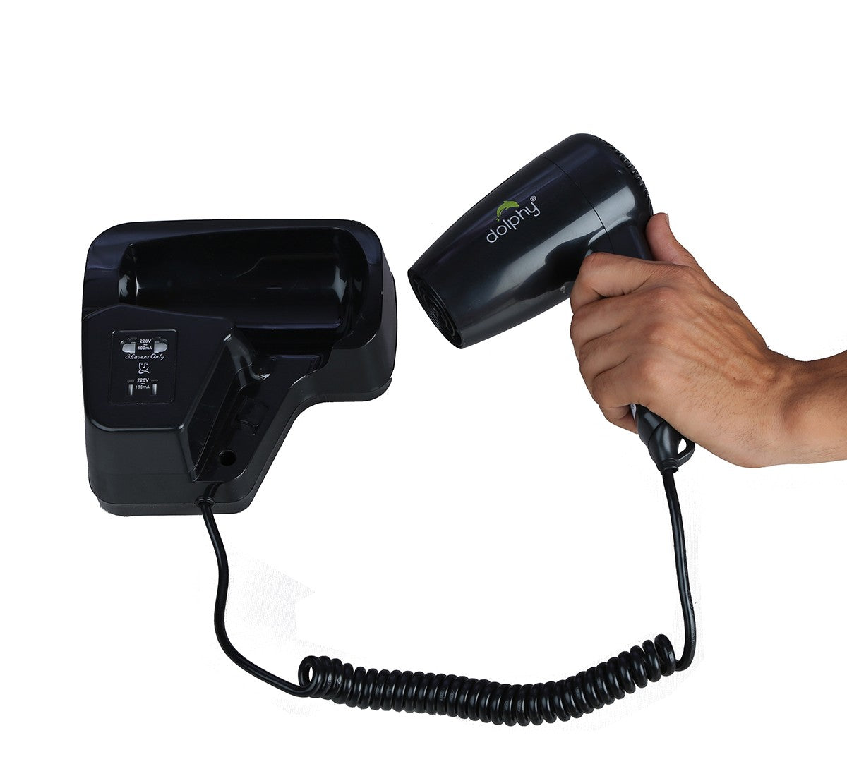 Dolphy black wall-mounted hair dryer lifted from its holder, showing the coiled cord