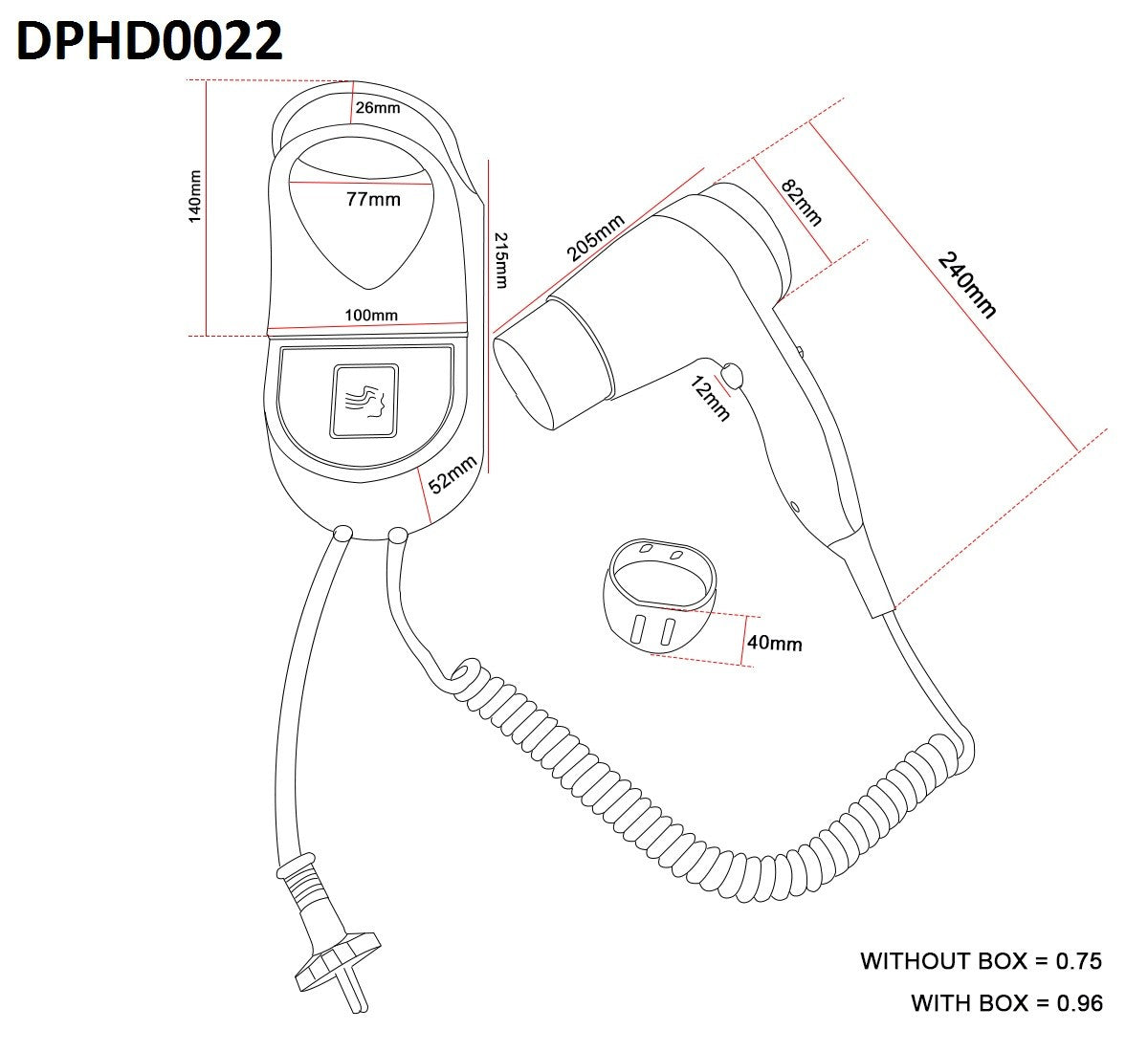 Dolphy DPHD0022 hair dryer diagram: 240 mm dryer, 215 x 100 mm wall holder, 82 mm nozzle
