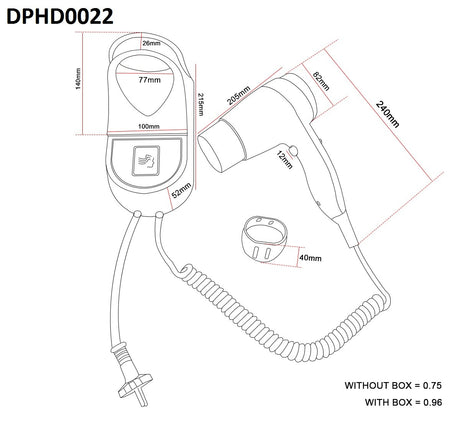 Dolphy DPHD0022 hair dryer diagram: 240 mm dryer, 215 x 100 mm wall holder, 82 mm nozzle