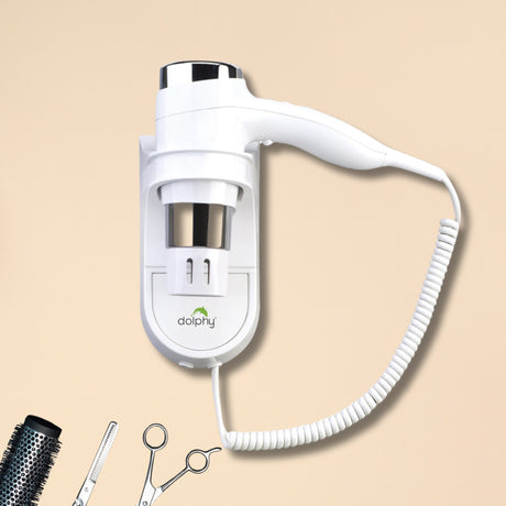Dolphy 1875W white wall-mounted hair dryer in its holder with coiled cord