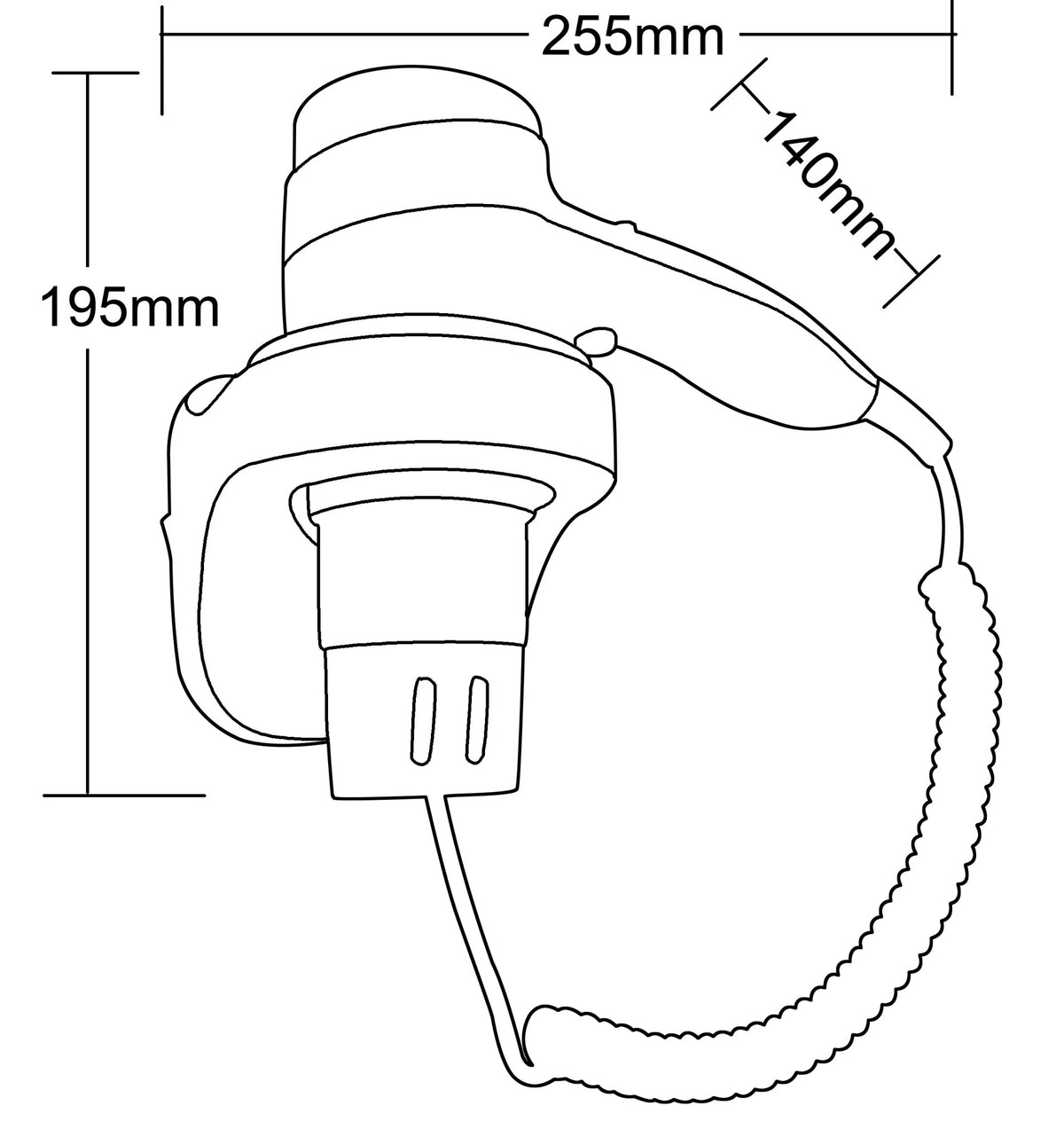Dolphy wall-mounted hair dryer drawing: 255 mm long, 195 mm high, 140 mm deep