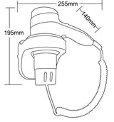 Dolphy wall-mounted hair dryer drawing: 255 mm long, 195 mm high, 140 mm deep