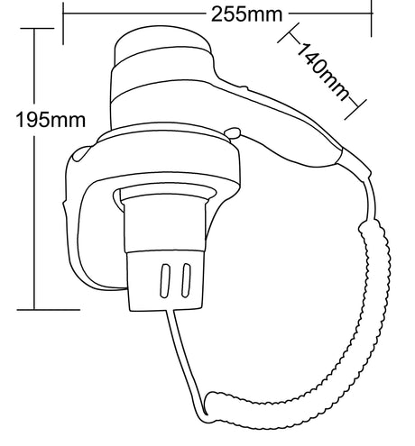 Dolphy wall-mounted hair dryer drawing: 255 mm long, 195 mm high, 140 mm deep