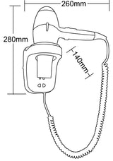 Dolphy black wall-mounted hair dryer diagram: 280 mm high, 260 mm wide, 140 mm holder depth