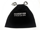Dolphy black velvet hair dryer bag with drawstring pulled closed