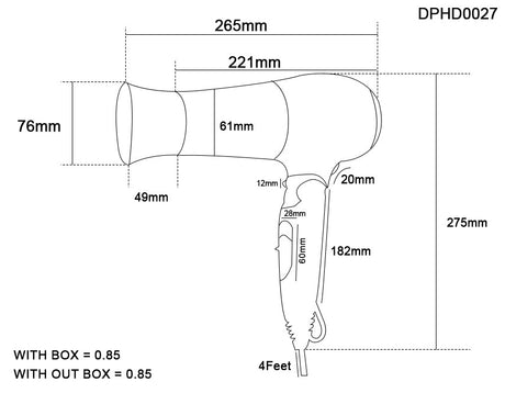 Dolphy DPHD0027 foldable hair dryer diagram: 265 mm long, 275 mm tall, 76 mm nozzle