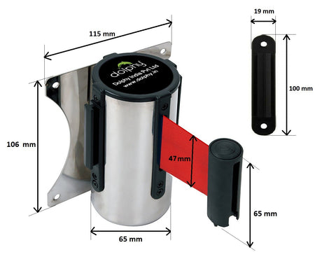 Dolphy wall queue barrier dimensions: 115 mm plate, 106 mm high, 65 mm body, 47 mm belt, 100 mm receiver