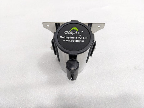 Dolphy wall-mounted retractable queue belt cassette, top view showing the Dolphy cap