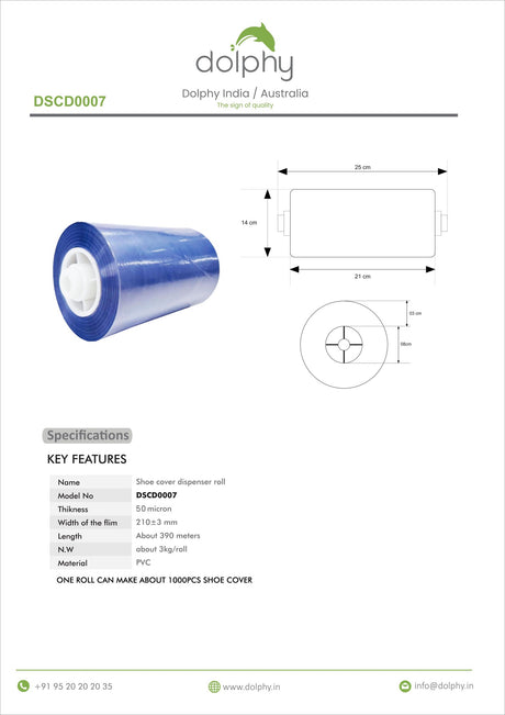 Dolphy DSCD0007 PVC film specification sheet with roll drawing and key features