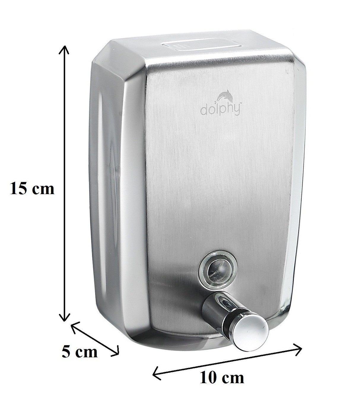 Dolphy 500ml stainless steel soap dispenser dimensions: 15 cm high, 10 cm wide, 5 cm deep