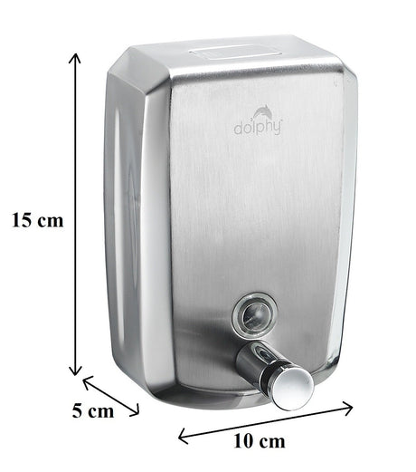 Dolphy 500ml stainless steel soap dispenser dimensions: 15 cm high, 10 cm wide, 5 cm deep