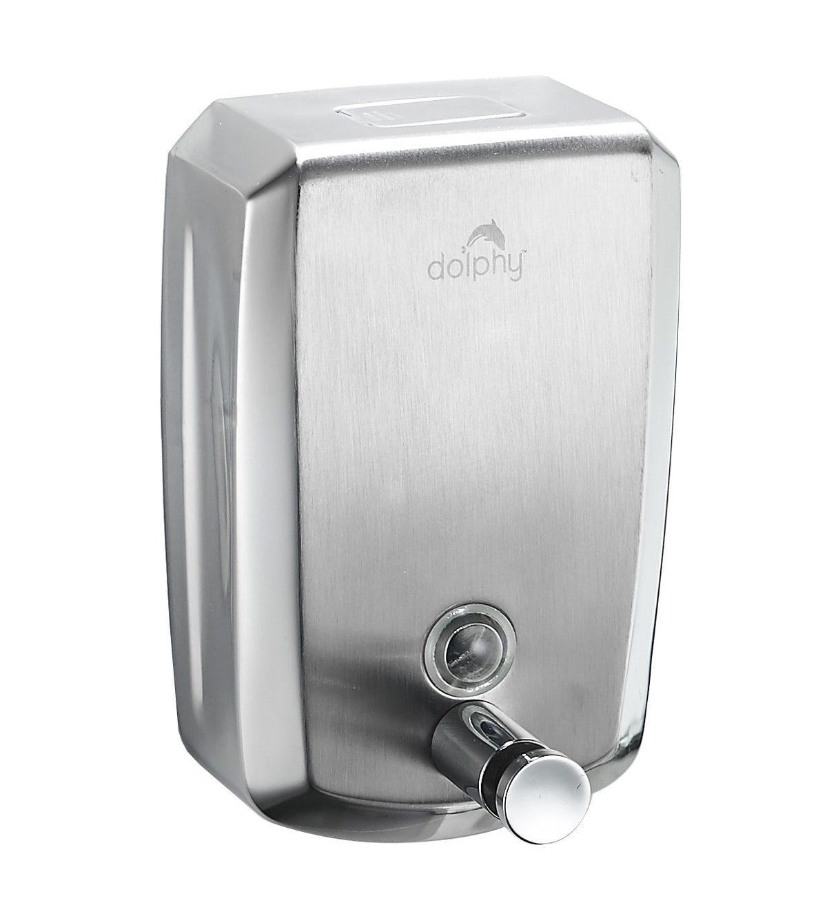 Dolphy 500ml brushed stainless steel soap dispenser, angled view with push button
