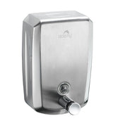Dolphy 500ml brushed stainless steel soap dispenser, angled view with push button