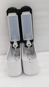 Dolphy double soap dispenser opened, showing the two refillable bottles and pumps