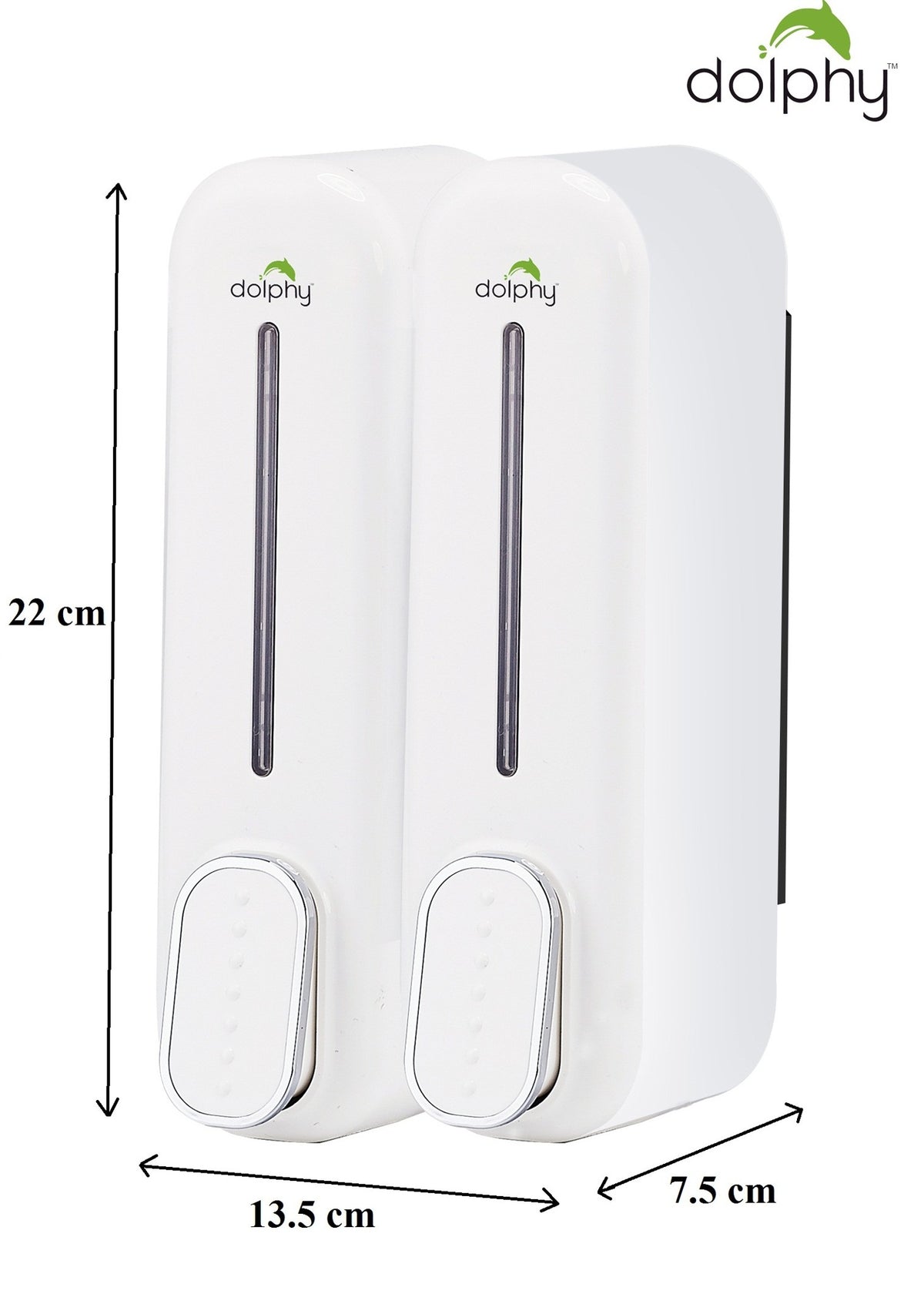 Dolphy white double 300ml soap dispenser dimensions: 22 cm high, 13.5 cm wide, 7.5 cm deep
