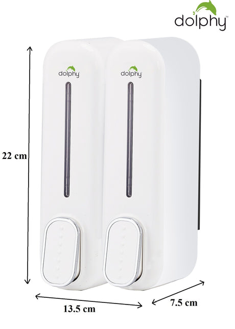 Dolphy white double 300ml soap dispenser dimensions: 22 cm high, 13.5 cm wide, 7.5 cm deep