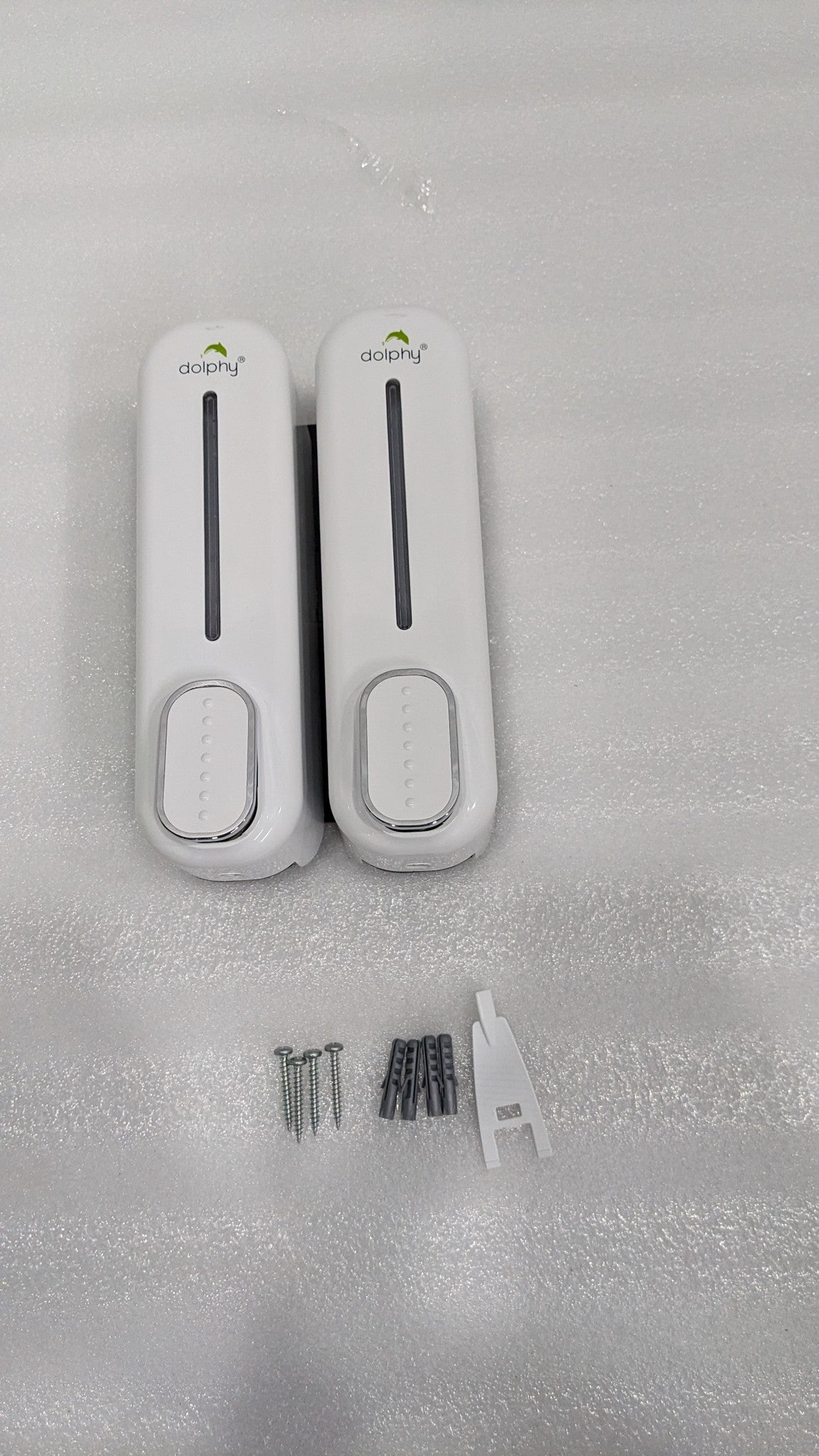 Dolphy white double soap dispenser with its screws and wall plugs